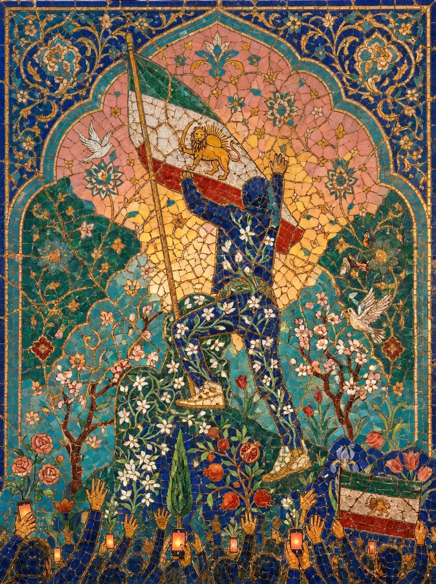 A Persian mosaic of a flag-bearer raising the Lion and Sun flag of Iran.